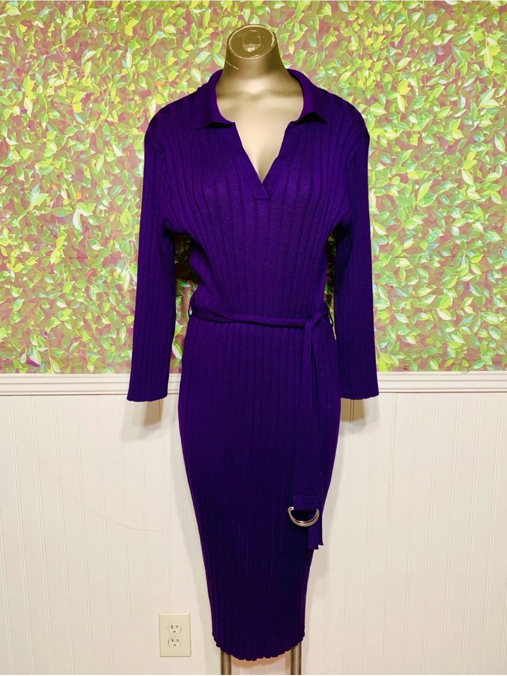 Ashley Stewart Purple Ribbed Knit Belted Midi Dress with Belt